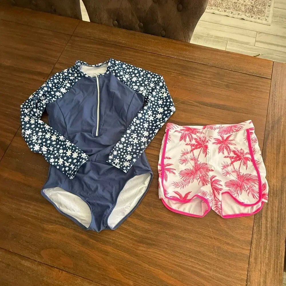 Girls Rash Guard Swimsuit Set 13-14Y Navy Floral Long Sleeve Pink Palm Shorts